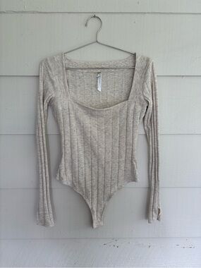 Free People Ribbed Bodysuit Oatmeal Square Neck Long Sleeve Balletcore Boho S